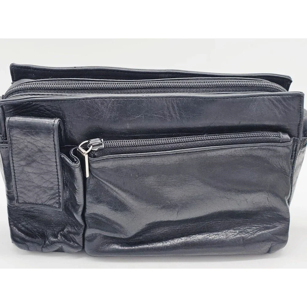 Perlina New York Leather Purse Black Shoulder Bag Pockets Vintage Designer
